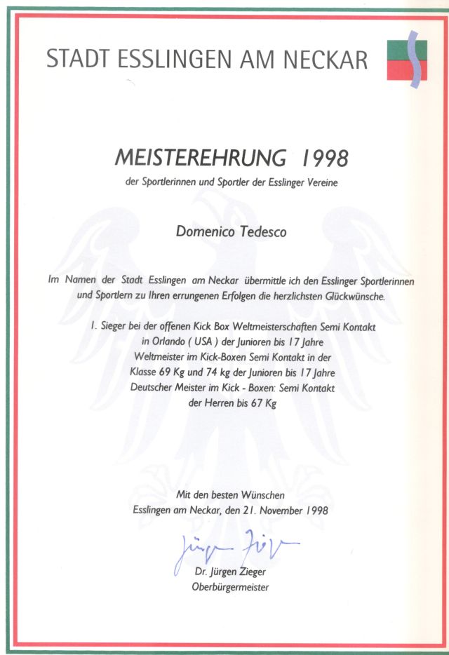 Diploma di sportivo dell'anno della citta di Esslingen